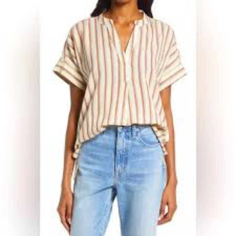 Madewell Crinkle Cotton Lakeline Popover Shirt in Stripe size L VGUC